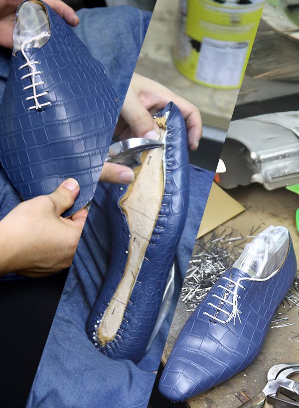 製做藍色鱷魚Wholecut Oxford手做皮鞋的工藝細節