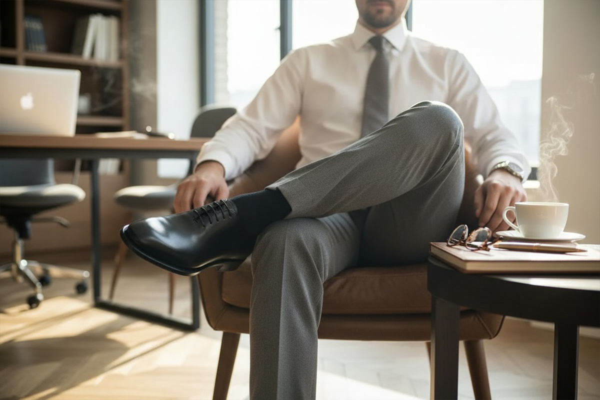 男士穿著黑色牛津皮鞋於辦公室休息場景，展現商務紳士日常穿搭風格