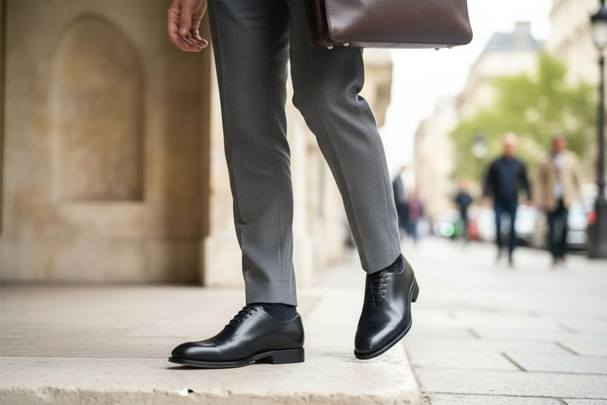 男士穿著黑色牛津皮鞋搭配西裝褲於街道行走，展現商務紳士穿搭風格
