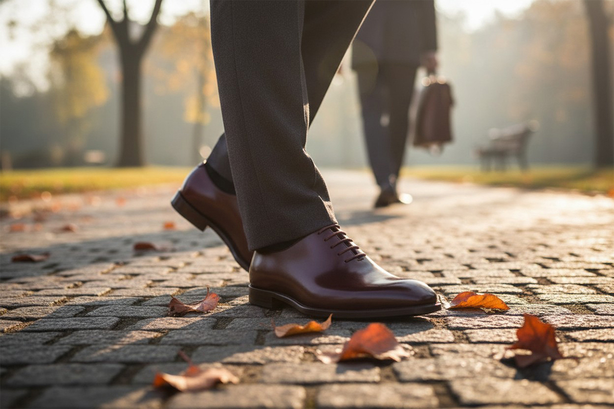 男士穿著棕色全裁片牛津鞋於街道行走，呈現秋季紳士穿搭風格