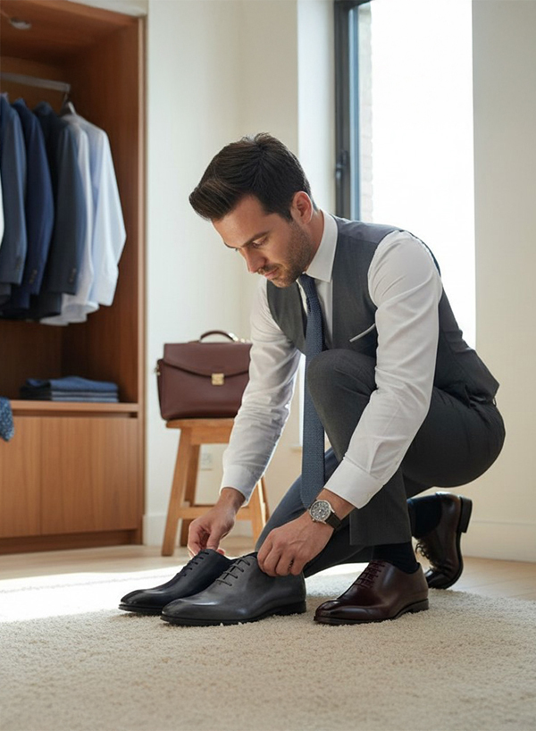 男士試穿Wholecut Oxford全裁片牛津鞋，紳士穿搭