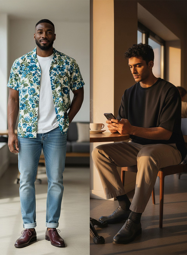 男士休閒穿搭,皮鞋搭配牛仔褲與西裝褲