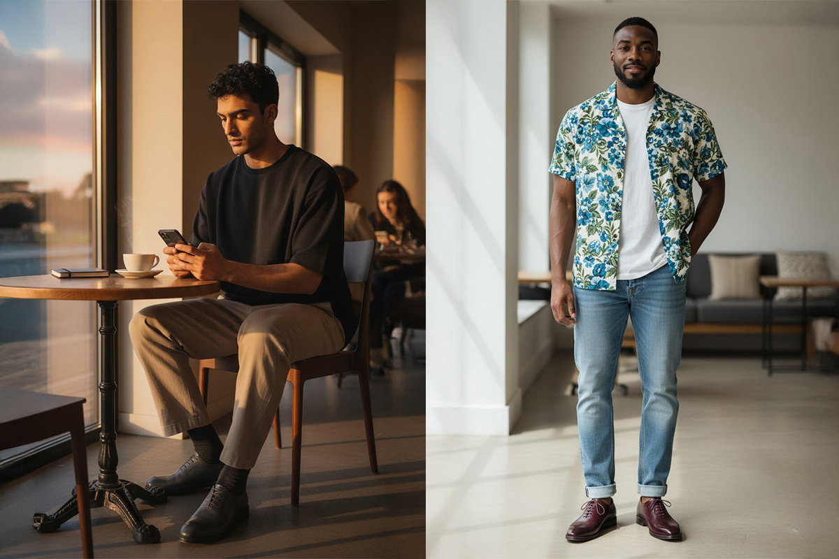 男士Smart Casual穿搭展示:皮鞋搭配西裝褲與牛仔褲的偏休閒日常造型