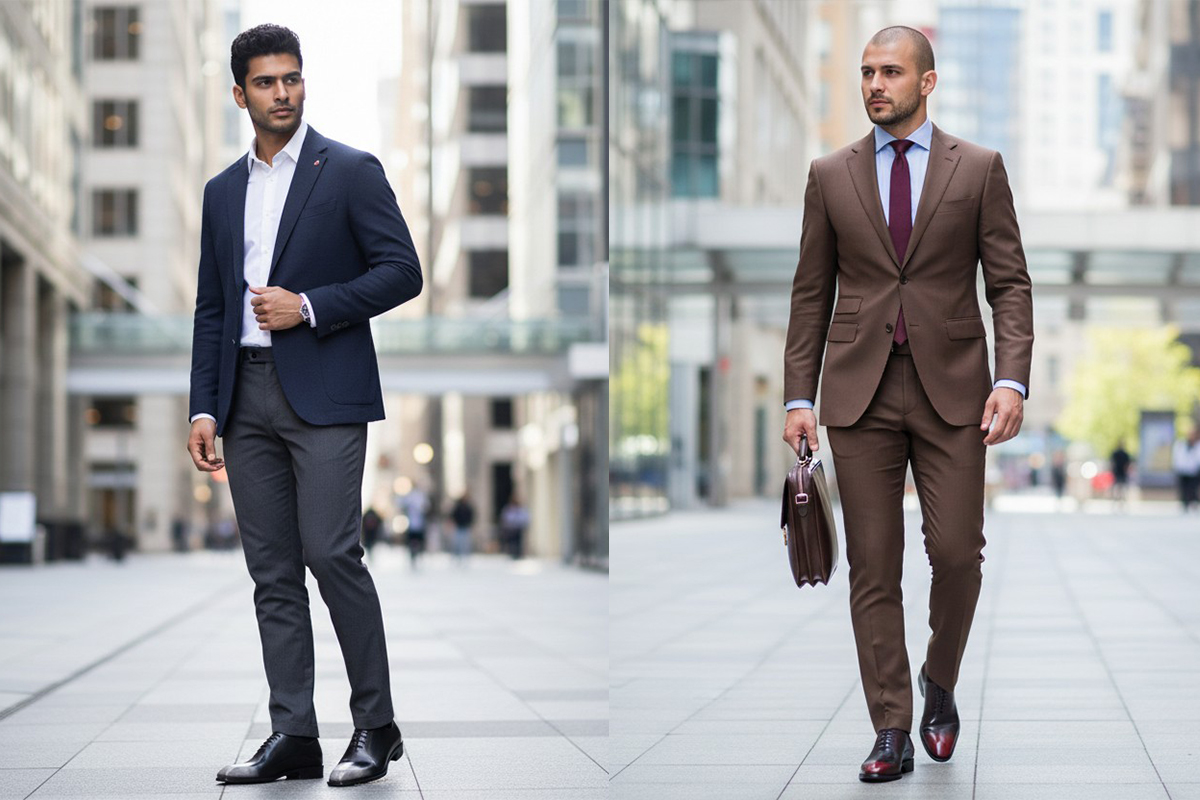 男士們穿著西裝搭配全裁片牛津鞋於城市街道行走，呈現商務紳士穿搭風格