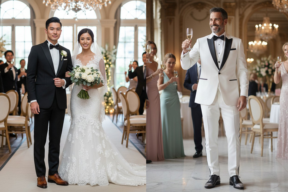 新郎與賓客穿著西裝於婚禮場合，呈現正式紳士禮服穿搭風格