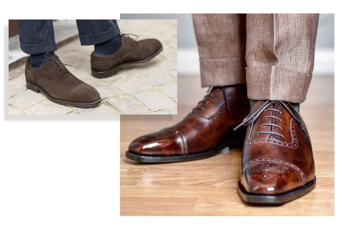 男士穿著咖啡色牛津鞋及麂皮牛津鞋
