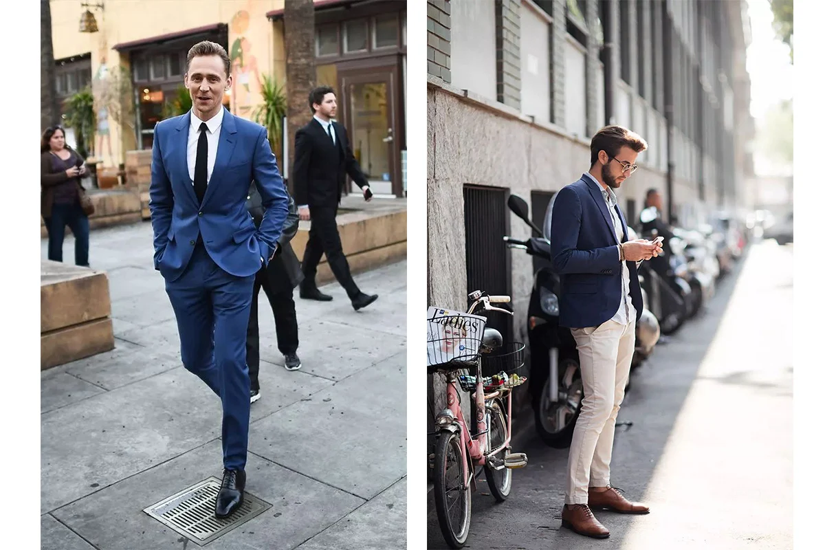 男士穿著西裝搭配黑色及駝色牛津鞋