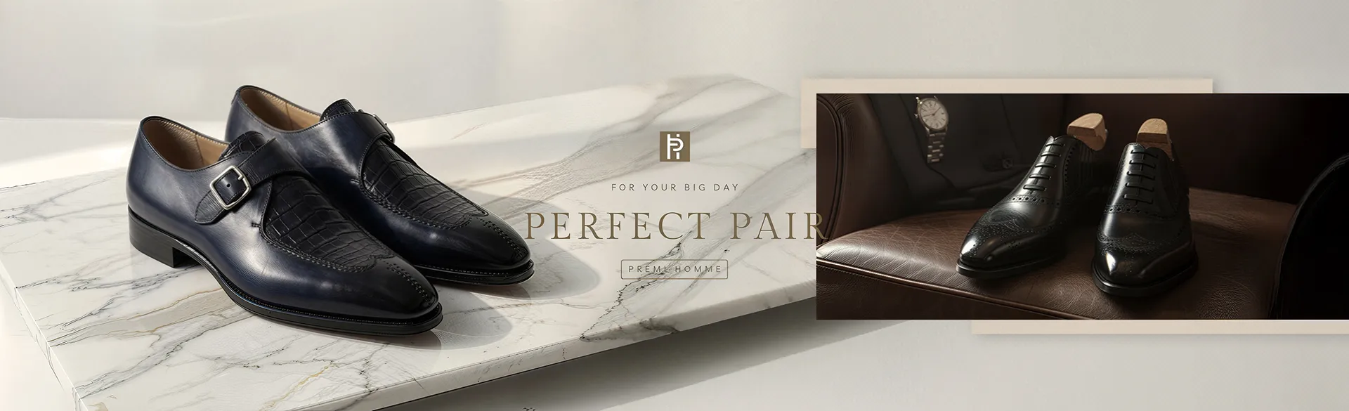 深藍孟克鞋與黑色雕花牛津鞋的高級紳士皮鞋形象照