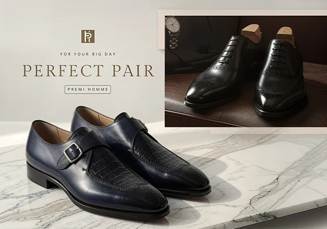 高級紳士皮鞋，深藍孟克鞋與黑色雕花牛津鞋展示